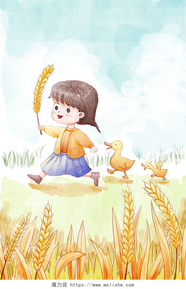 治愈系小女孩手持麦穗领着小鸭子散步JPG图片治愈系插画